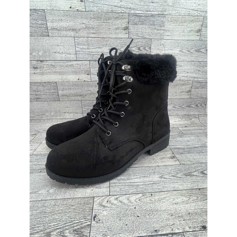 Fashion Nova Women Black Faux Suede Lace Up Faux Fur Trim Combat Boots Size 10